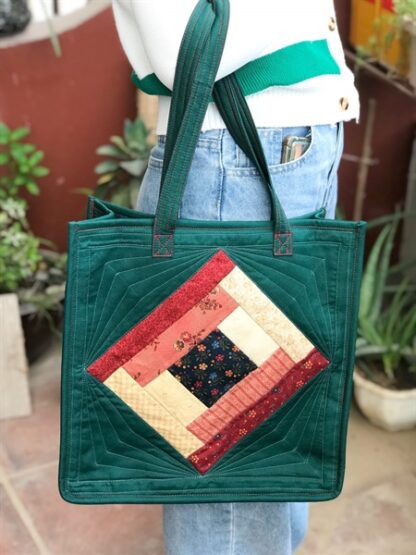 Túi tote ghép vải crazy quilt chần bông, xanh đậm dáng vuông - Hình ảnh 2