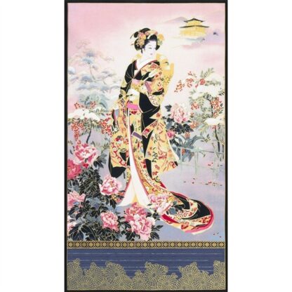 Panel Geisha Nhật Bản áo vàng nền hồng 60 x 110 cm