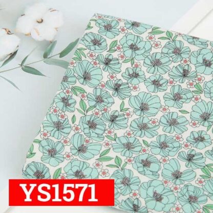 VẢI THÔ IN KTS HOA CÁNH BƯỚM XANH NGỌC NHỤY VÀNG NỀN TRẮNG-YS1571