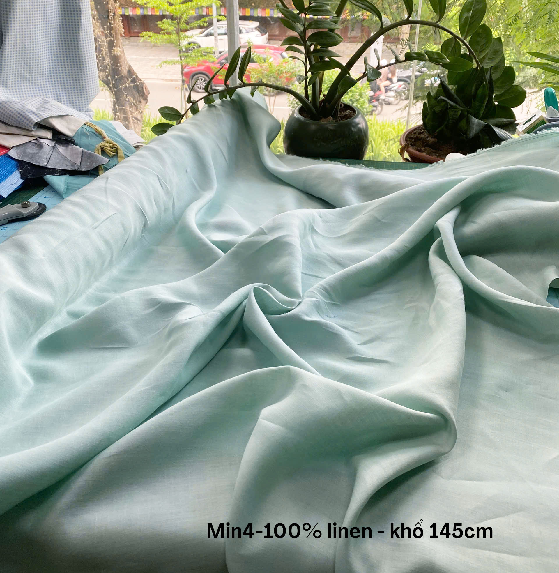 Vải Linen xanh min khổ 145cm mã min4 100% linen - Ảnh 2